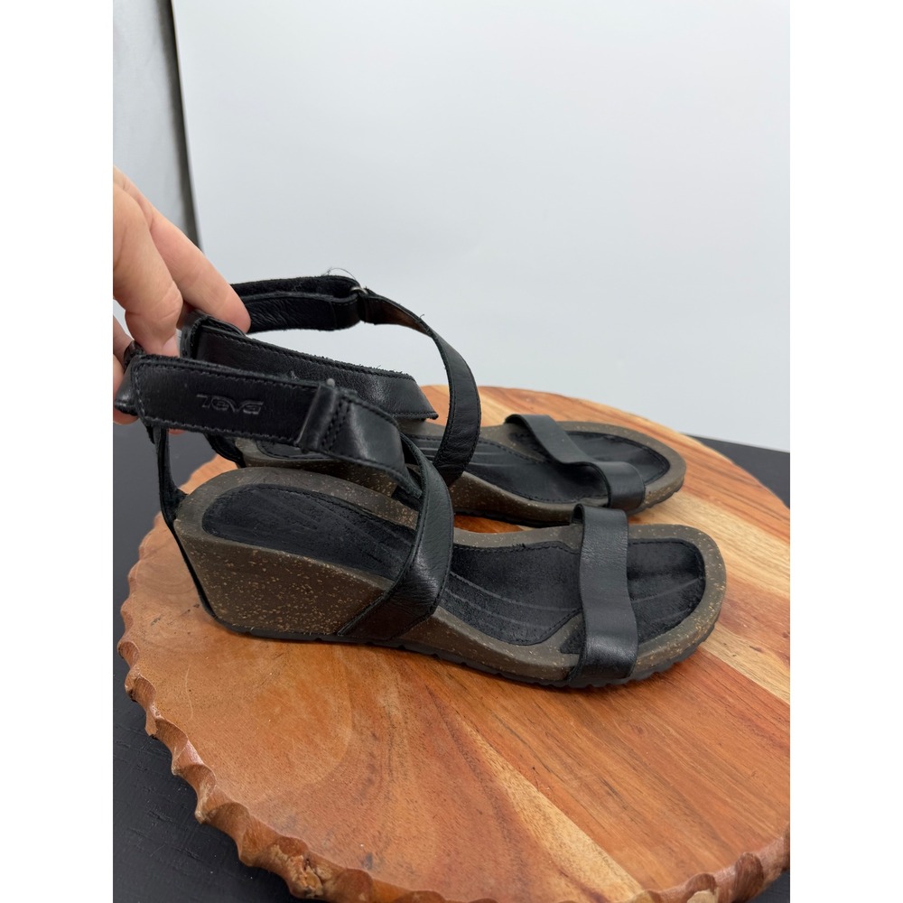 Teva cabrillo Wedge Sandal Womens 7 Black Leather Strappy Cork 1007732